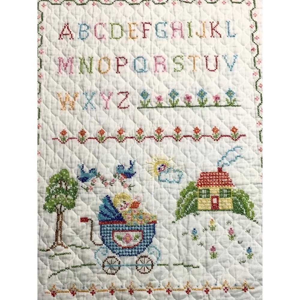 Vintage Hand Cross Stitch Baby Crib Quilt Alphabet ABC Nursery Sampler 34x57 - Picture 1 of 12
